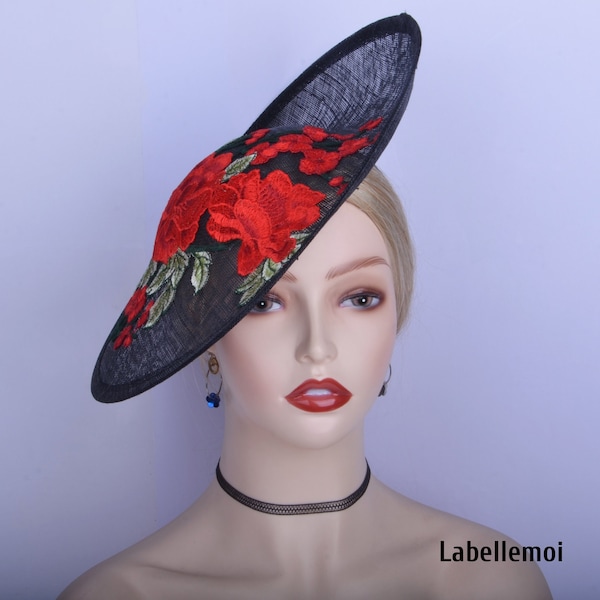 Chinoiserie Black/red saucer sinamay hatinator Derby hat Ascot lace hat wedding fascinator w/big flower of peony&plum blossom embroidery