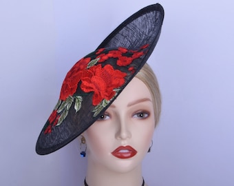 Chinoiserie Black/red saucer sinamay hatinator Derby hat Ascot lace hat wedding fascinator w/big flower of peony&plum blossom embroidery