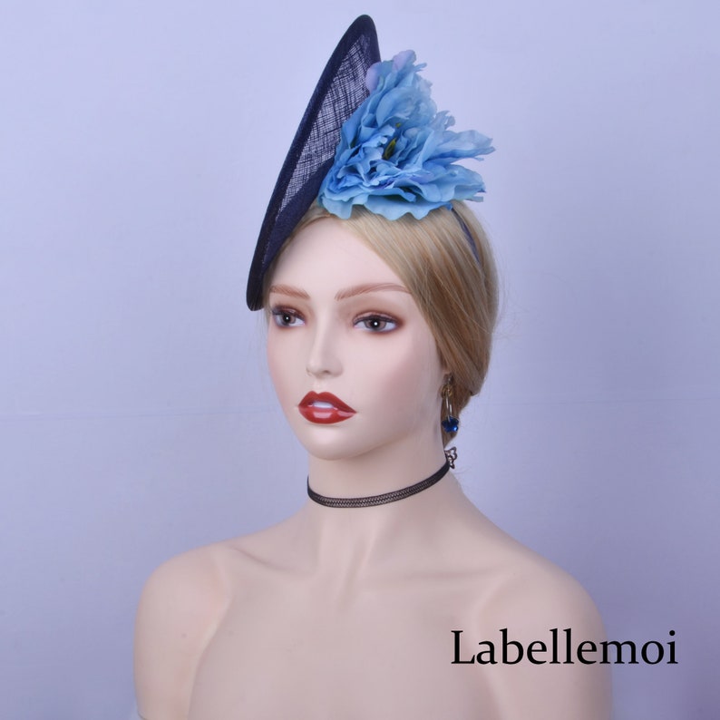 Exclusive design,navy blue sinamay disc fascinator hatinator Derby hat Ascot hat Royal Wedding hat Church hat fedora top hat w silk flower