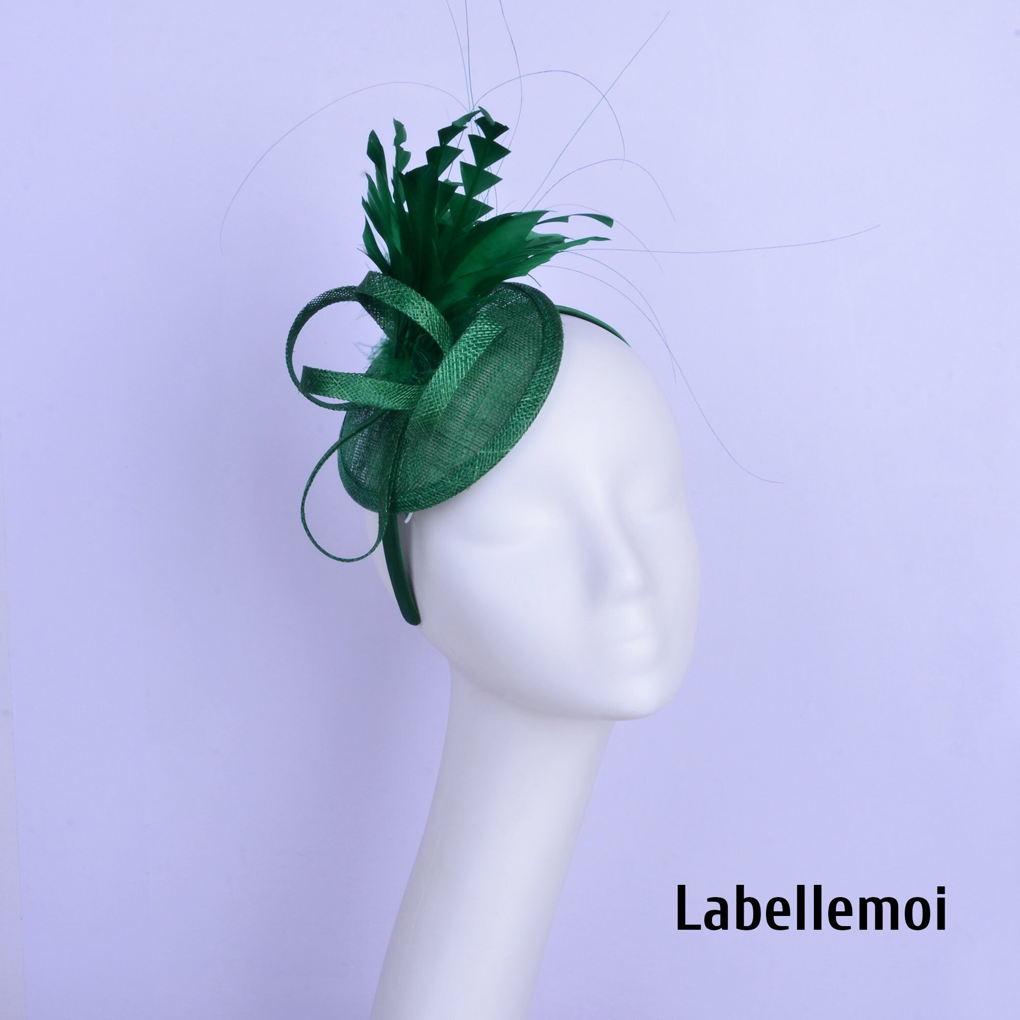 Dark Green Sinamay Fascinator Headband | Feathers | Derby Cocktail Hat Bottle Green Feather Fascinator Headband Headpiece Races  main image 3
