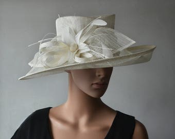 Ivory sinamay hat large dress church hat fascinator with feather flower,for Kentucky derby,wedding party races