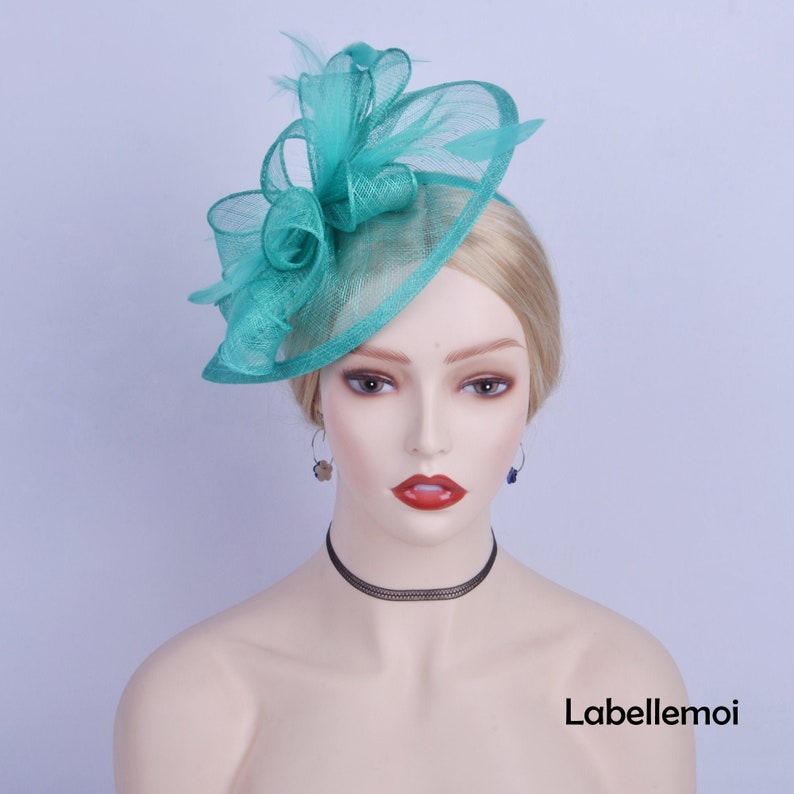 Teal green Teardrop fascinator Sinamay hatinator Royal Wedding hat Kentucky Derby hat Church Ascot hat Braids maid Mother of the bride image 2