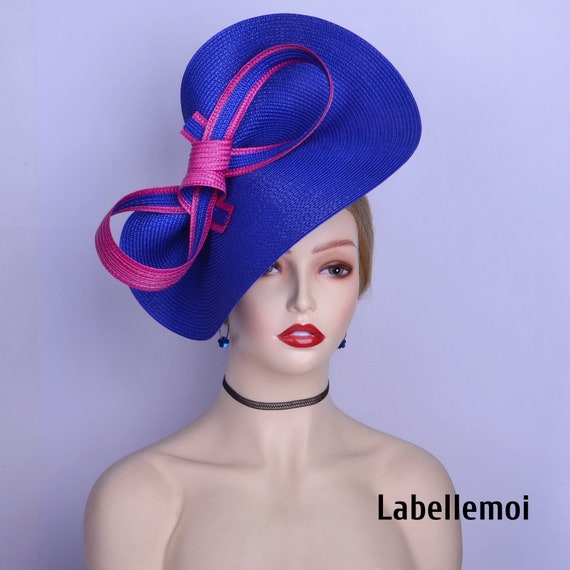 Cobalt Blue Fascinator Hat With Fuchsia Bow, Derby Races - Etsy display picture 3