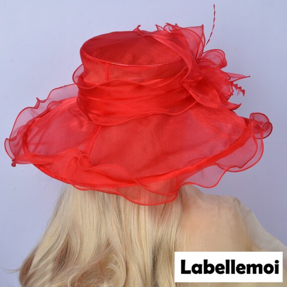 New Large Brim Red Organza Hat Kentucky Derby Hat Church Hat  display picture 2