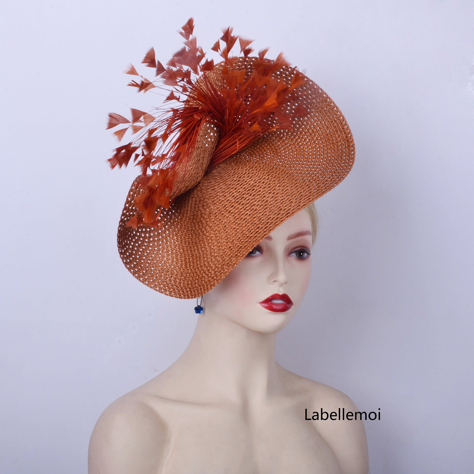 NEW! Upcycled Ruxpinsrags Elegant Orange Women\'s Hat with Feather Detail Satin Ribbon Church Hat, Elegant Designer Hat, Rhinestone  main image 4