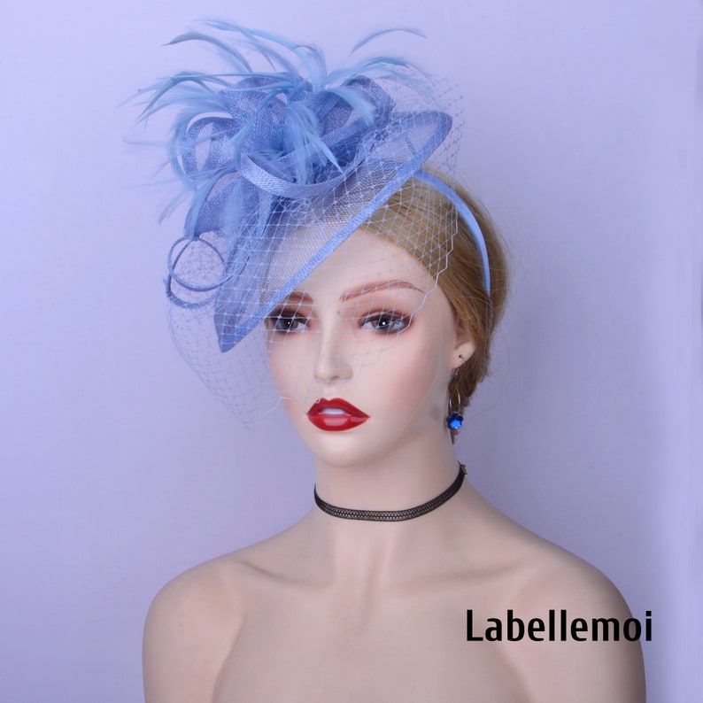 New Light blue fascinator Powder blue sinamay hatinator hat Wedding Races Ascot Kentucky Derby Mother of the bride with feathers 画像 5