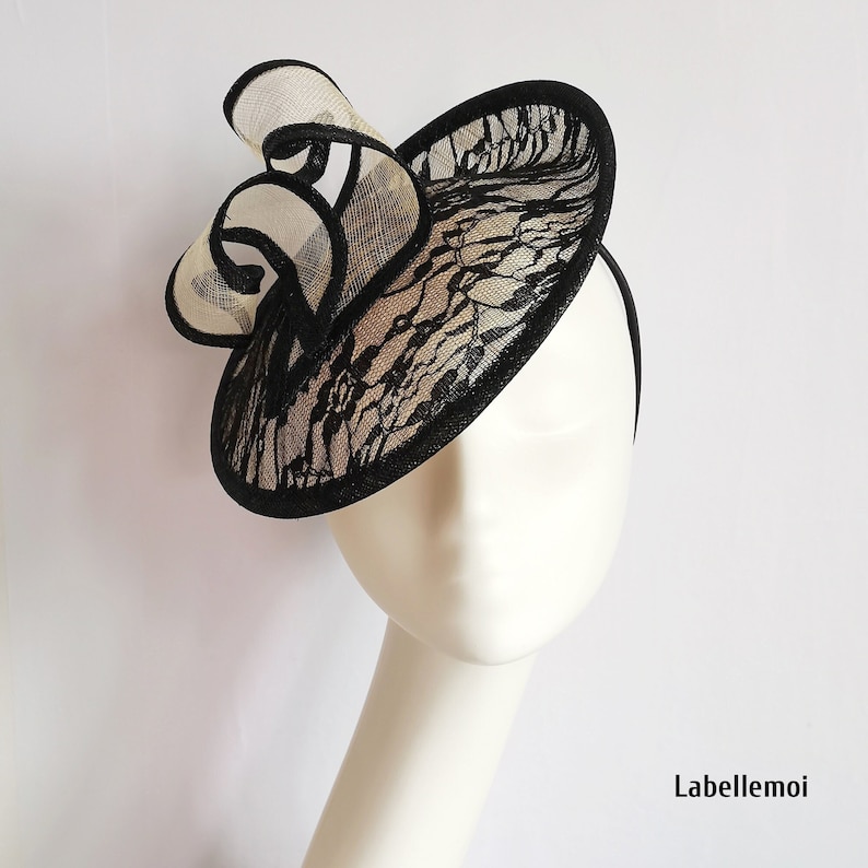 New Black/cream Lace Fascinator Sinamay Saucer Disc Hatinator Etsy