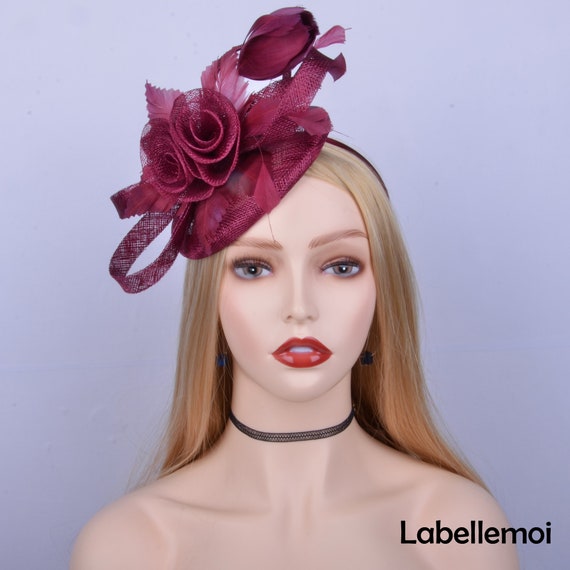 Burgundy Sinamay Pillbox Fascinator, Feather Flower Derby  display picture 3