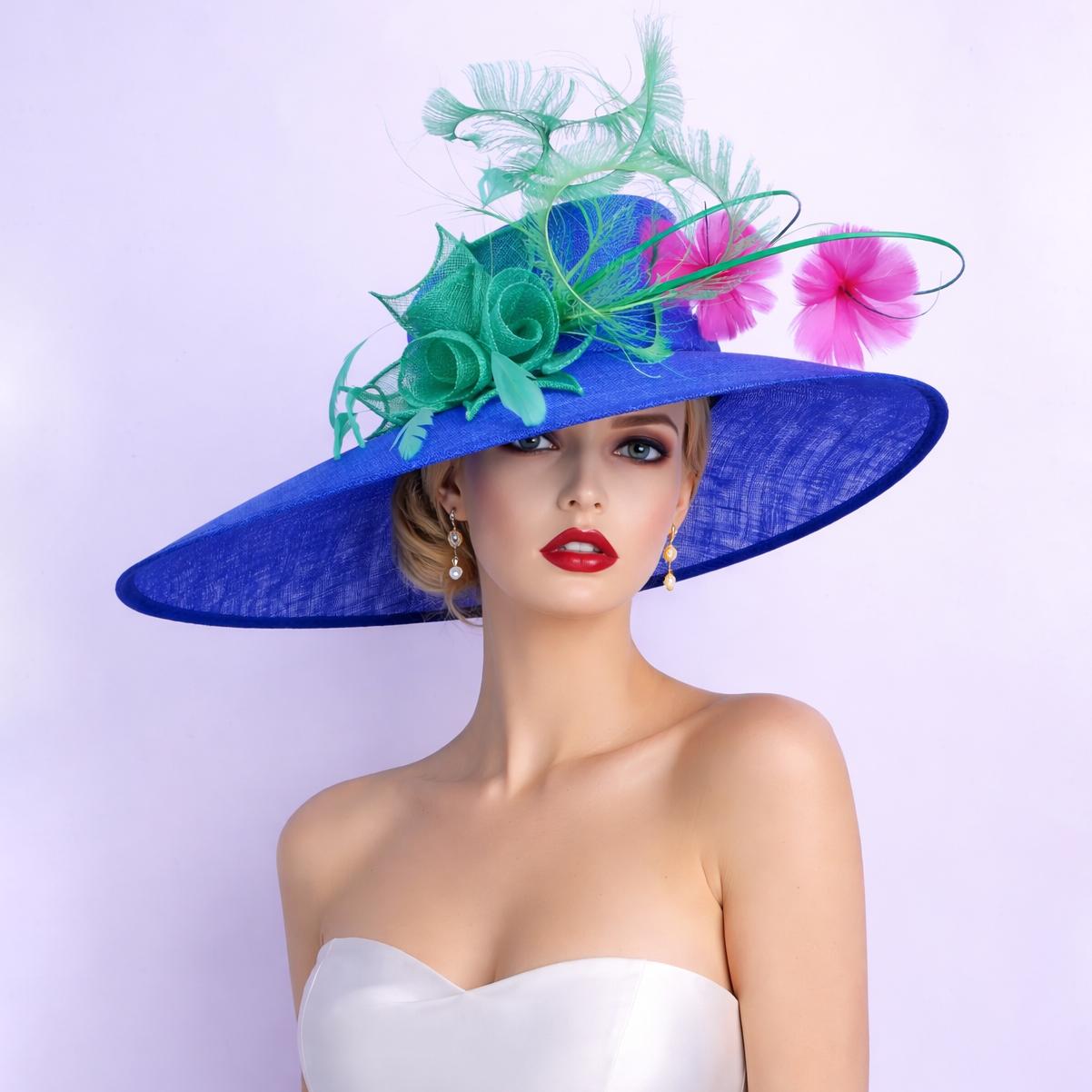 Royal Blue Kentucky Derby Hat, Sinamay, Feathers, Fuchsia Flowers ...