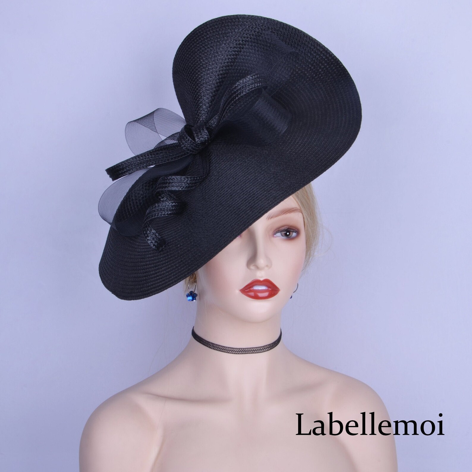 Large Black fascinator saucer hatinator Church hat Derby hat Etsy