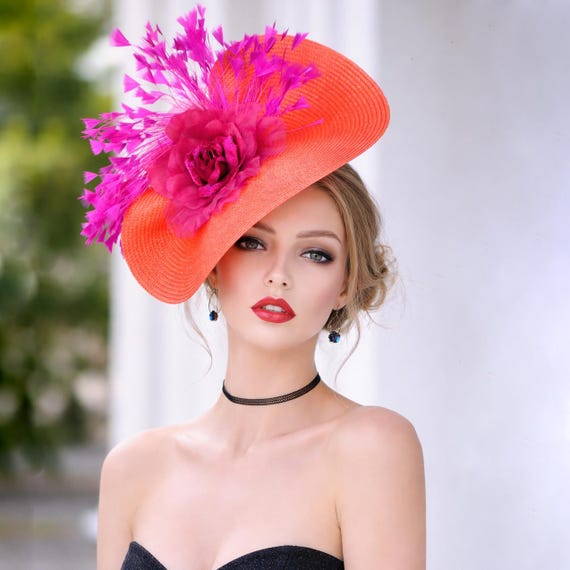 Kentucky Derby Oaks Orange & Pink Statement Hat Bold Stripe Spring Kentucky Derby Hat – The Hat Girls main image 2