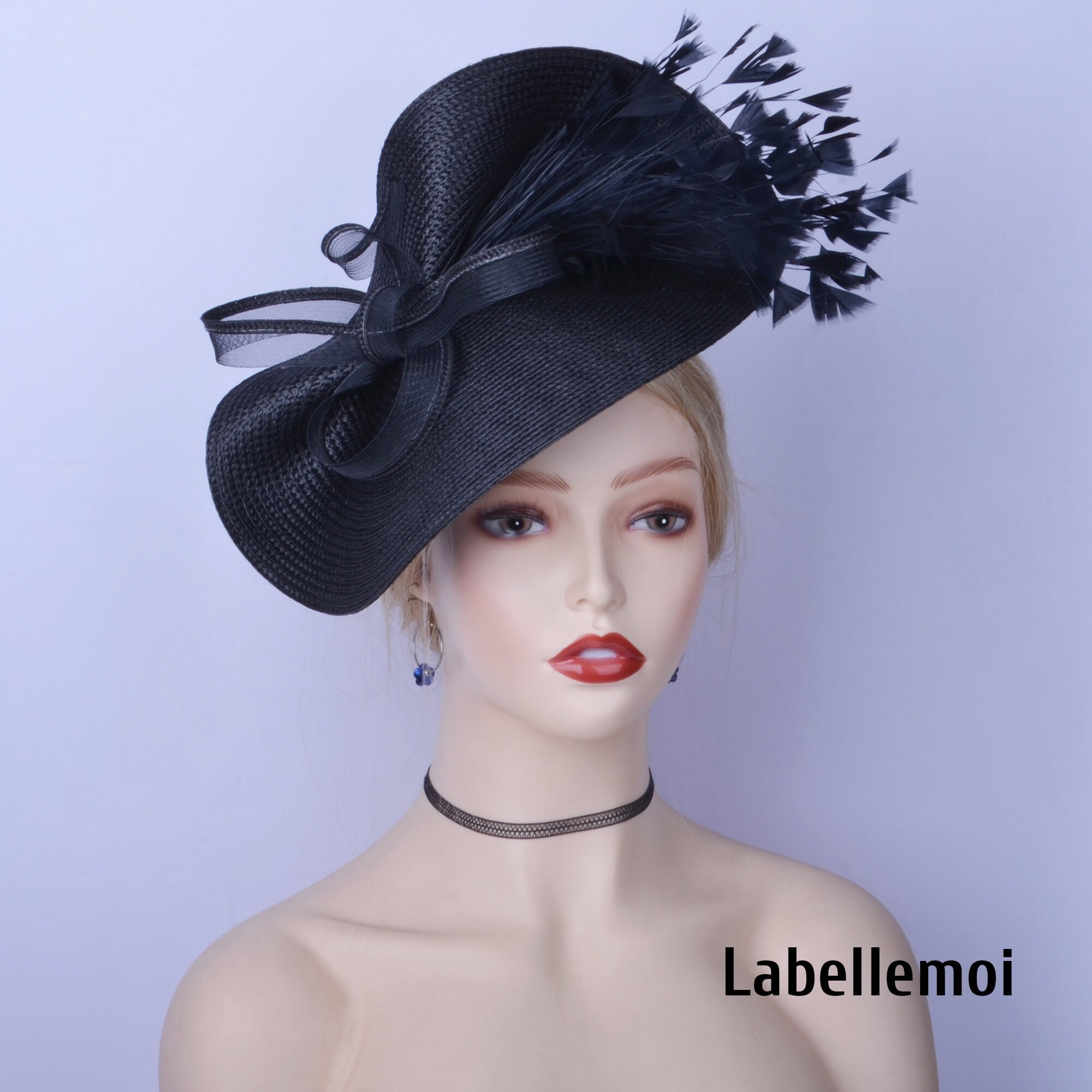 NWOT Large women\'s Black Mesh, Feather‎ Fascinator Kentucky Derby Cocktail Hat ME241 ( Black ) Kentucky Derby Hat, Wedding Hat, Horse Race  main image 2