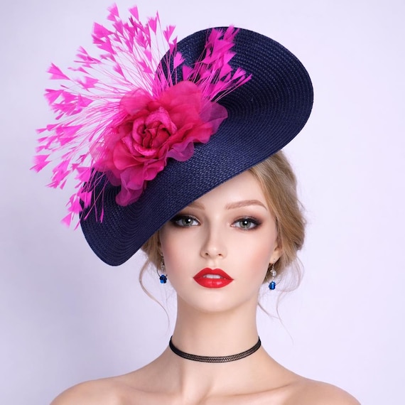 Fuchsia and Navy Floral Feather Fascinator Hat kentucky derby hat fascinator navy sinamay with matchng navy  main image 2