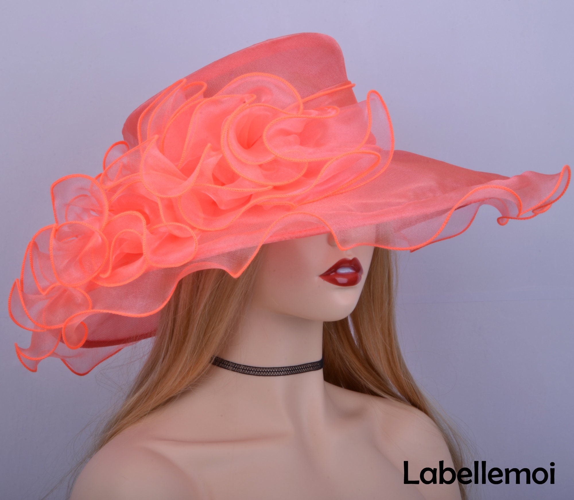Paris Hand-Made Large Brim Ruffle Organza Hat | Elegant Royal Ascot Derby Hat New Royal Blue Hat Large Brim Kentucky Derby Hat Organza  main image 2
