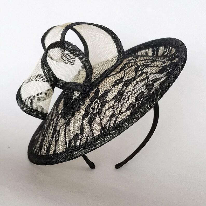 New Black/cream Lace Fascinator Sinamay Saucer Disc Hatinator Etsy