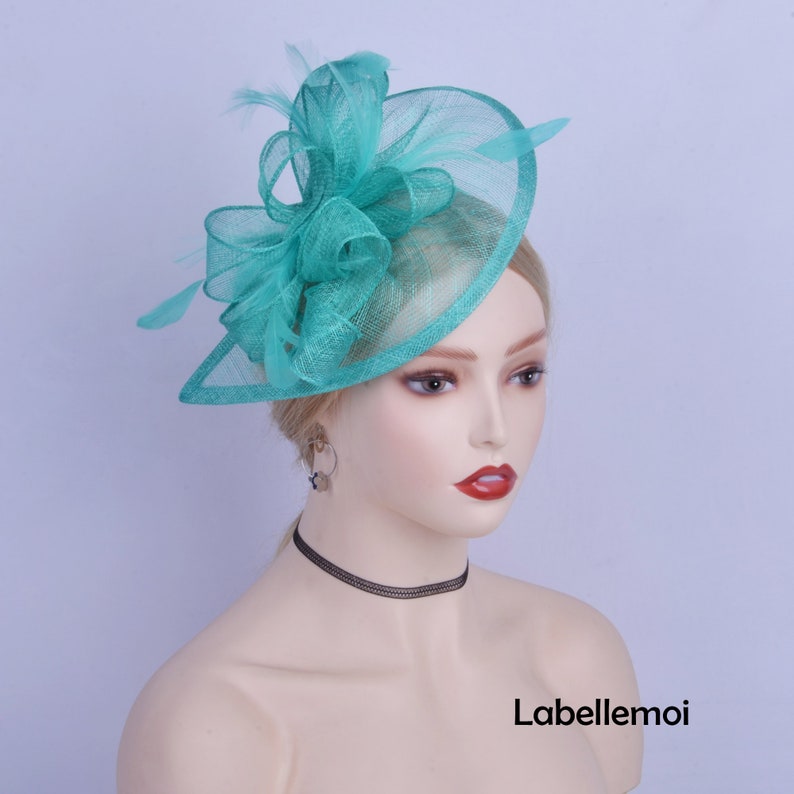 Teal green Teardrop fascinator Sinamay hatinator Royal Wedding hat Kentucky Derby hat Church Ascot hat Braids maid Mother of the bride image 3