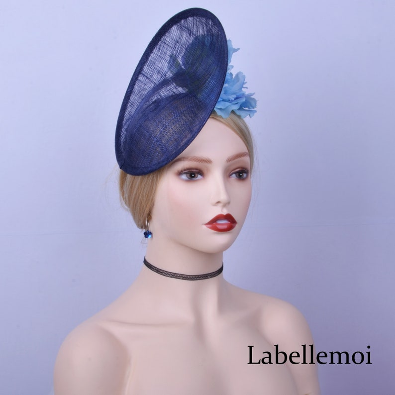 Exclusive design,navy blue sinamay disc fascinator hatinator Derby hat Ascot hat Royal Wedding hat Church hat fedora top hat w silk flower