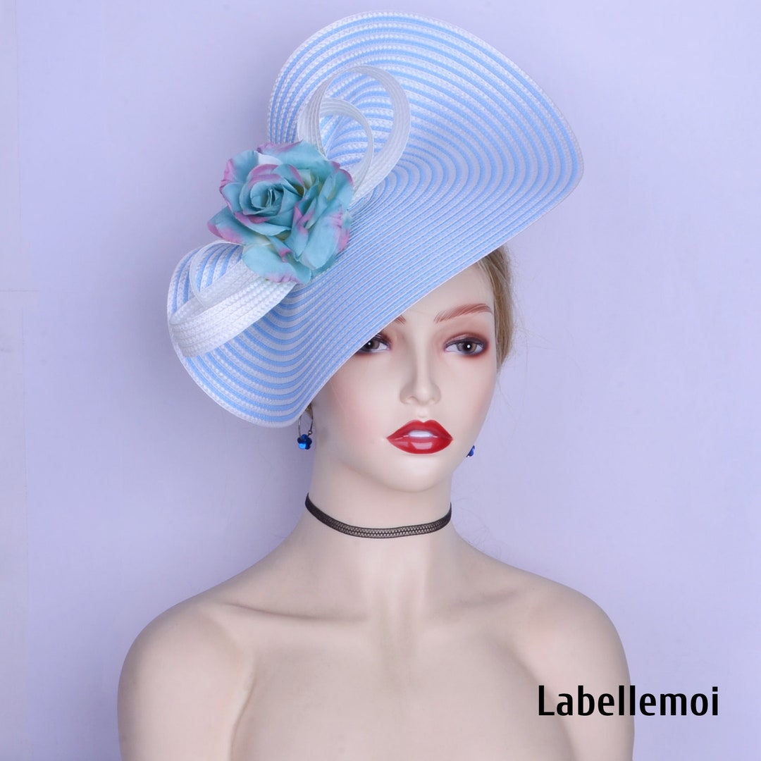 New White/baby Blue Fascinator Stripe Big Powder Blue Saucer Etsy