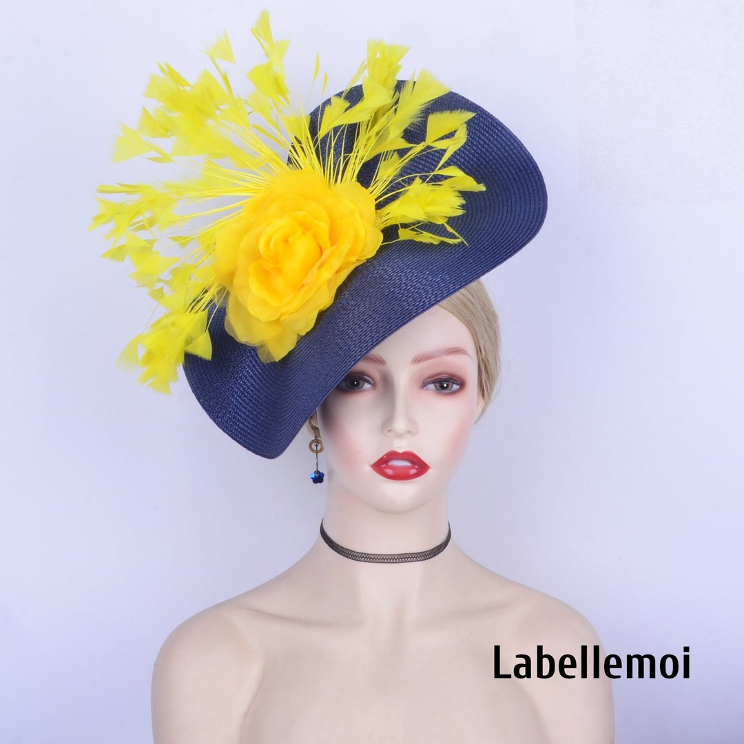 New Navy Blue/yellow Fascinator Hat Hot Pink Disc Saucer 