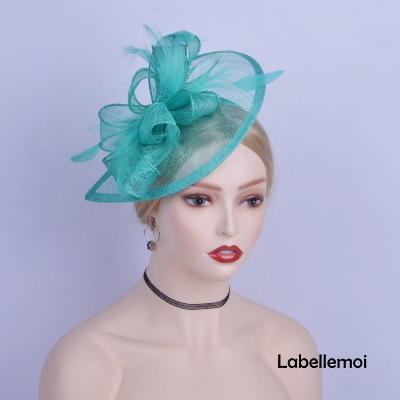 Teal green Teardrop fascinator Sinamay hatinator Royal Wedding hat Kentucky Derby hat Church Ascot hat Braids maid Mother of the bride image 1