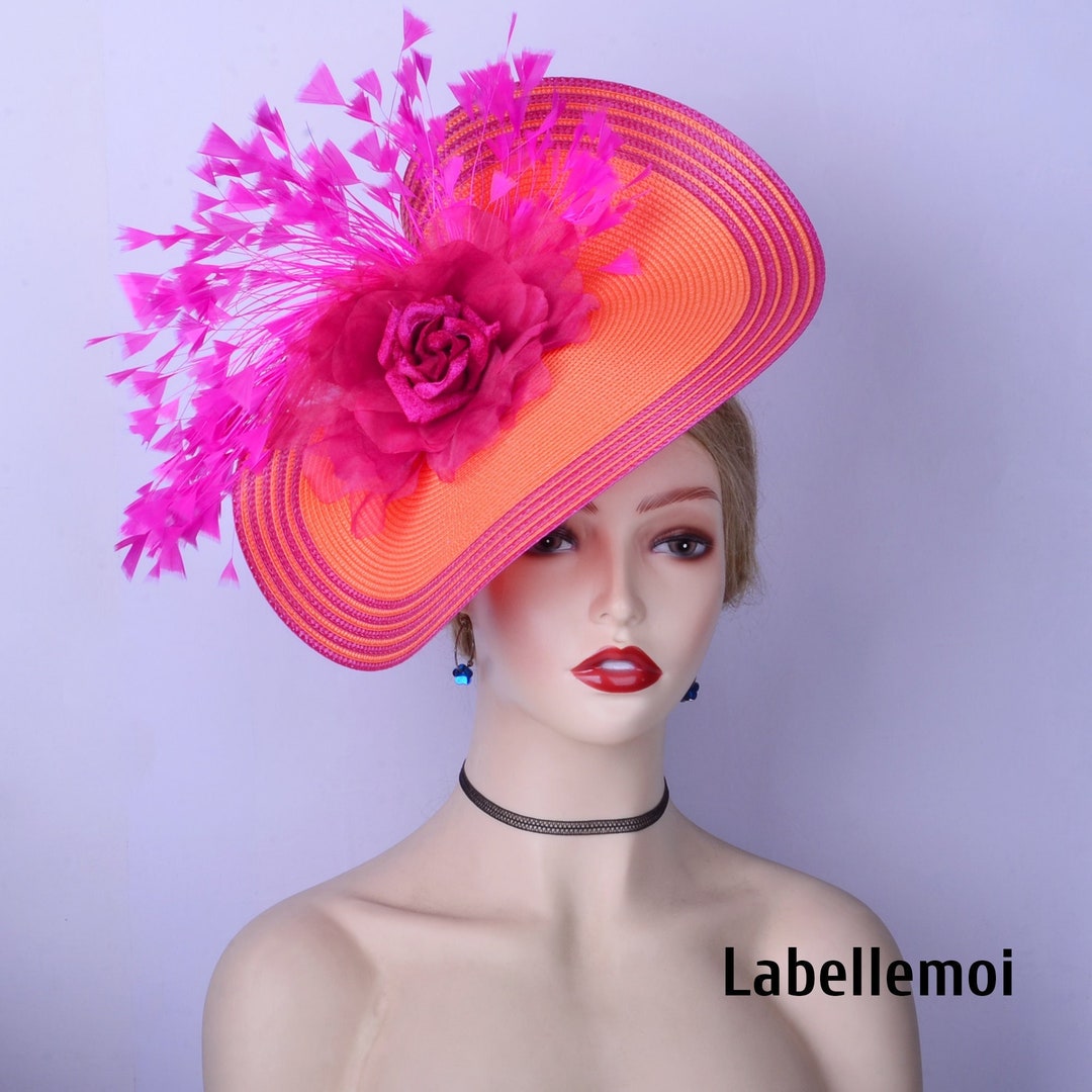 New Orange/fuchsia Fascinator Hat Hot Pink Disc Saucer  display picture 1