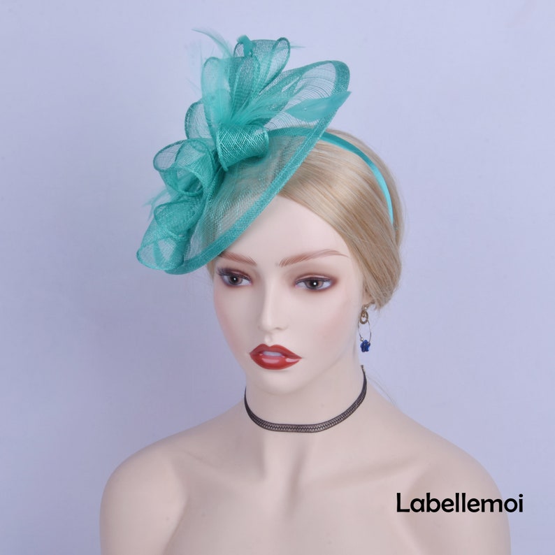 Teal green Teardrop fascinator Sinamay hatinator Royal Wedding hat Kentucky Derby hat Church Ascot hat Braids maid Mother of the bride image 4