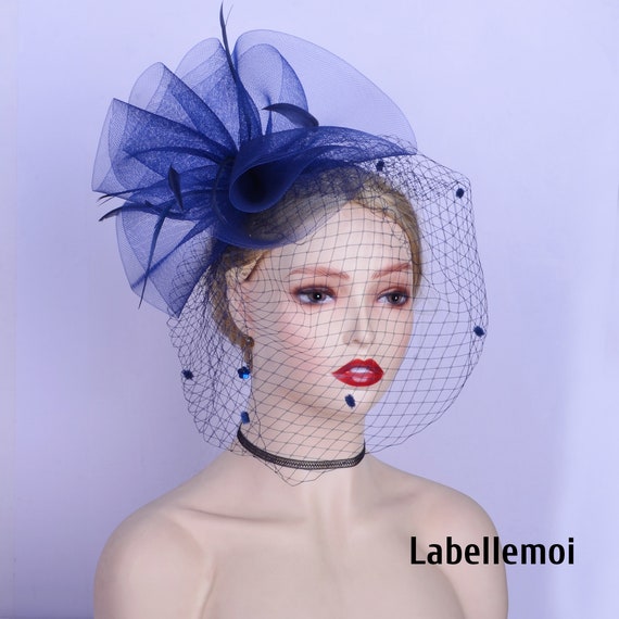 Vintage Coquettes Miss Eileen Navy Veil Hat Dotted Net Fascinator VTG 50s Fascinator Hat with chenille dot Veil Netting  main image 3