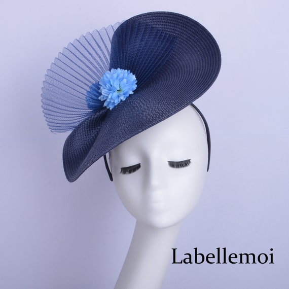 Navy Blue Fascinator Hat, Pleated Crinoline & Silk Flower - Etsy display picture 2