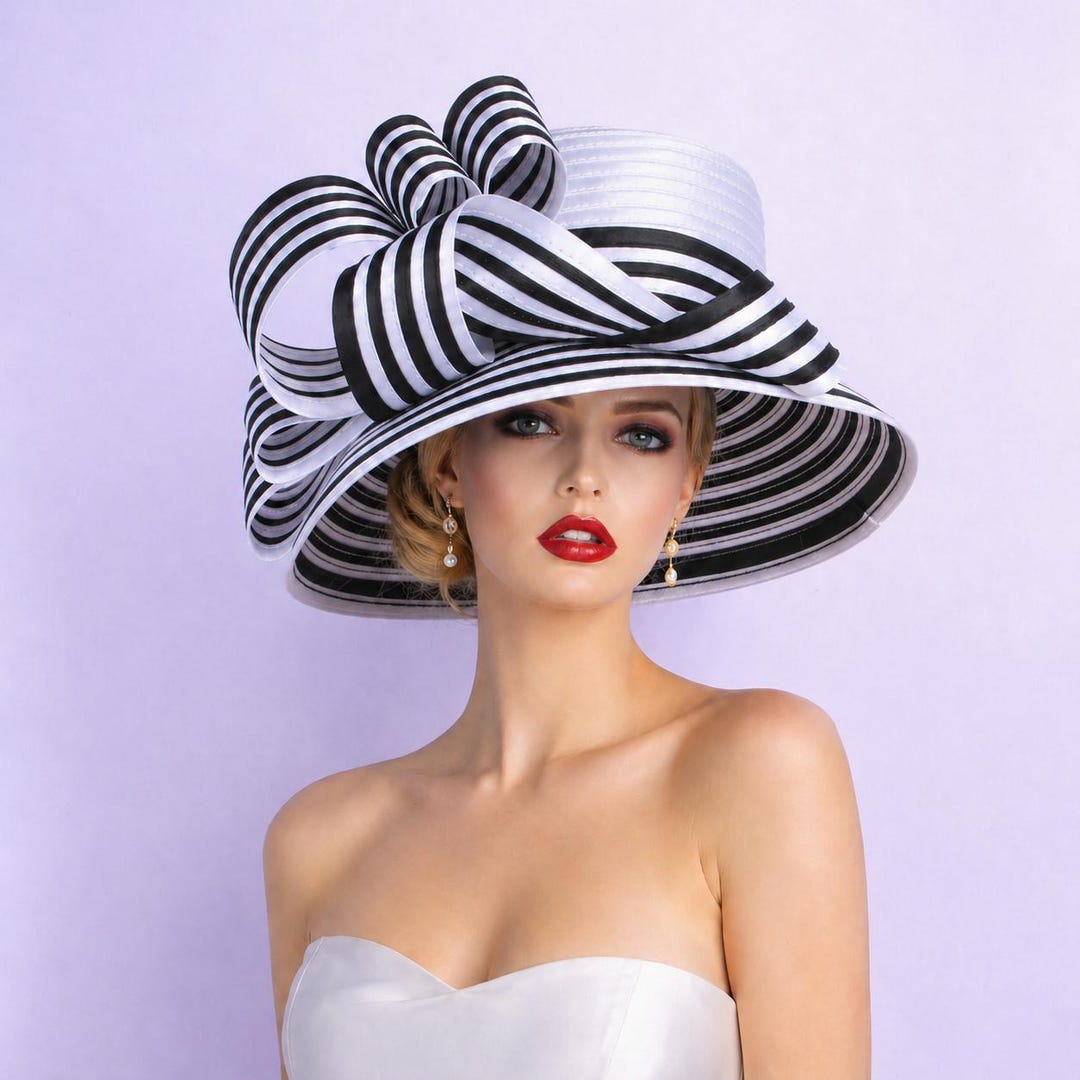 NWT Champagne Italy black and white hat with cut outs, satin bows Vintage 1940s Percher Hat – Black and White Straw, Netting  main image 3