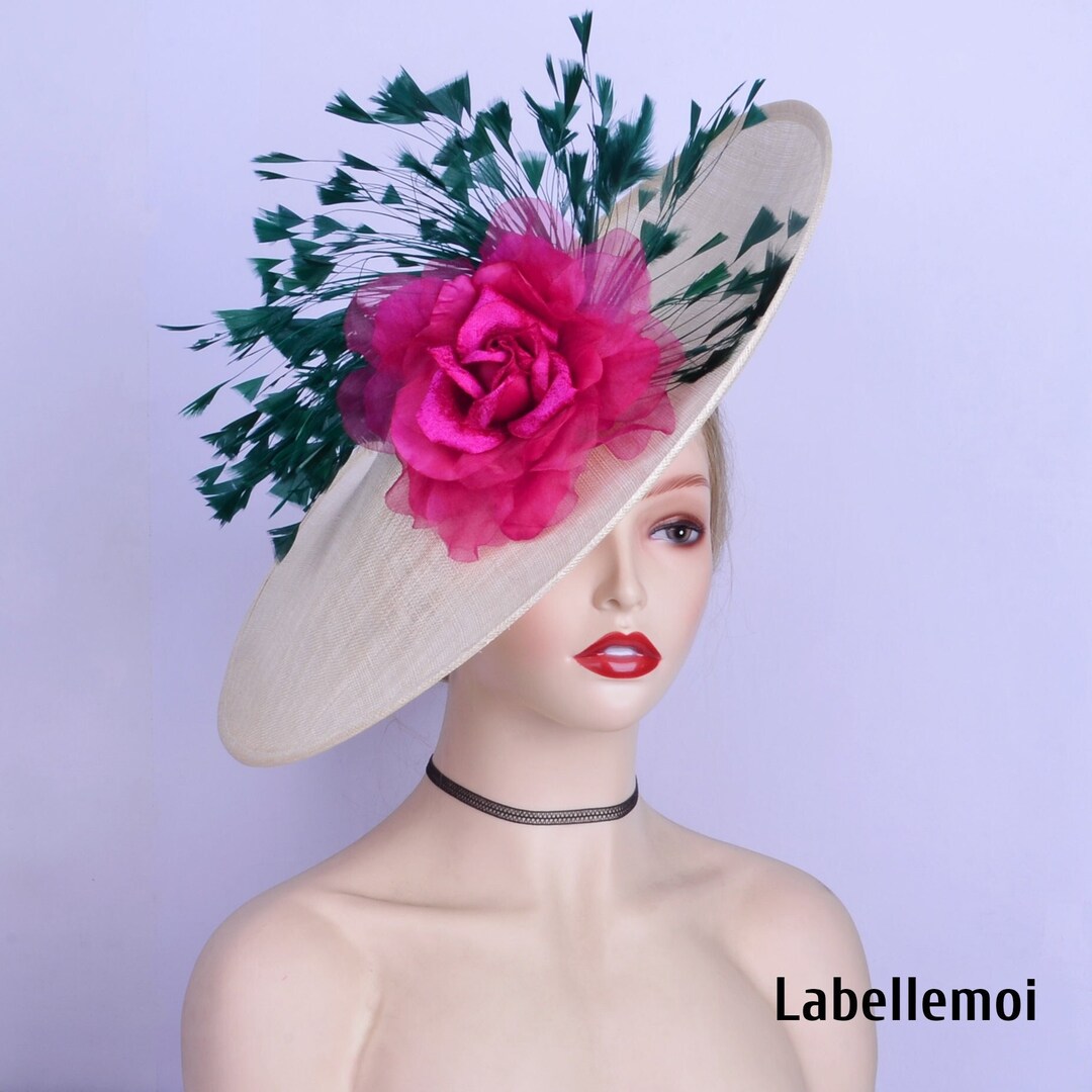 Esclusivo Cappello Kentucky Derby Extra Large Avorio/nero Con Fascinator Sinamay, Hatinator, Matrimonio Reale, Madre Della Sposa, Chiesa - Italia - Foto 3