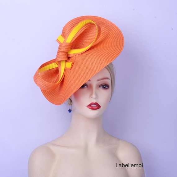 Vibrant Orange Wide-Brimmed Hat with Sheer Ribbon Kentucky Derby Hat. Ivory Hat. Orange Hat. Royal Ascot Hat  main image 3