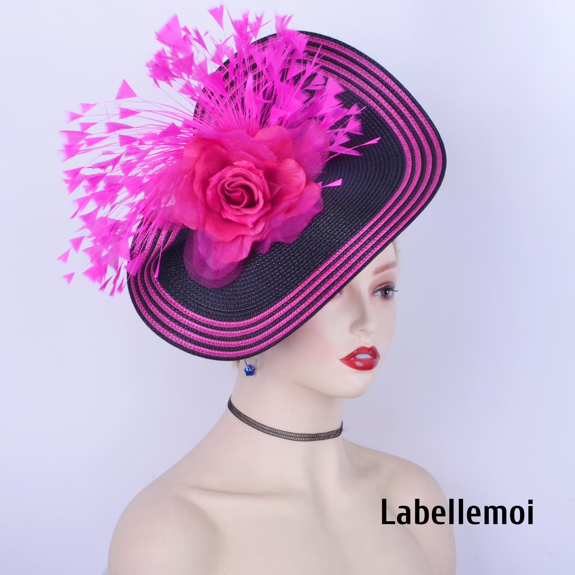 New Black/fuchsia Fascinator Hat Hot Pink Disc Saucer 