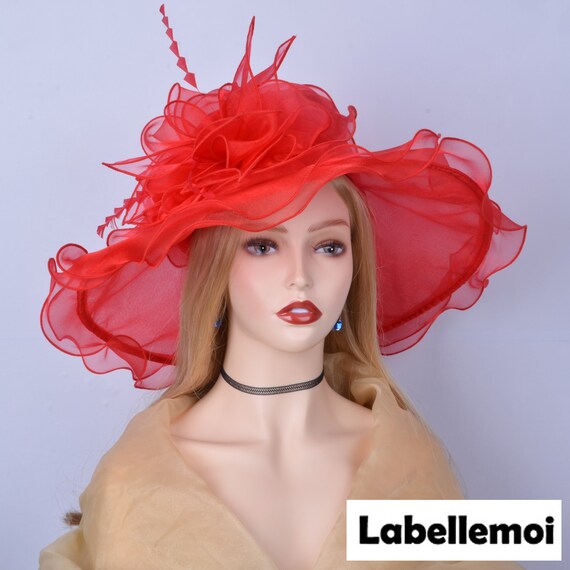 New Large Brim Red Organza Hat Kentucky Derby Hat Church Hat  display picture 1