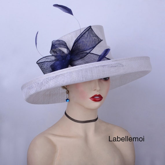 White Sinamay Derby Hat, Navy Blue Bow & Feathers, Races  display picture 2