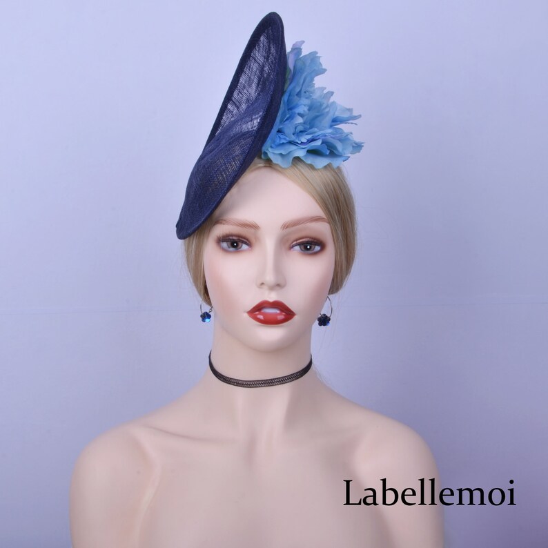Exclusive design,navy blue sinamay disc fascinator hatinator Derby hat Ascot hat Royal Wedding hat Church hat fedora top hat w silk flower