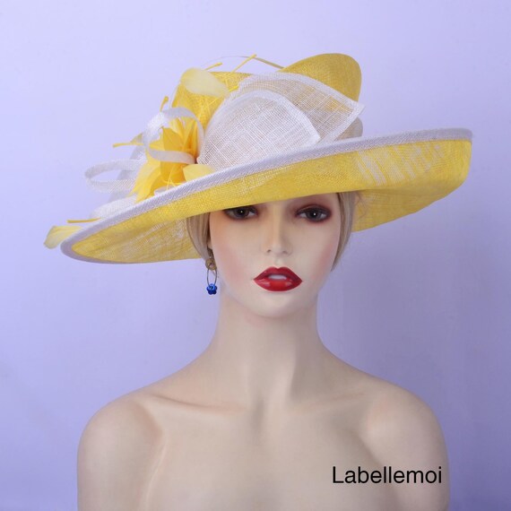 Yellow Sinamay Kentucky Derby Hat, Feather Flower Wedding 