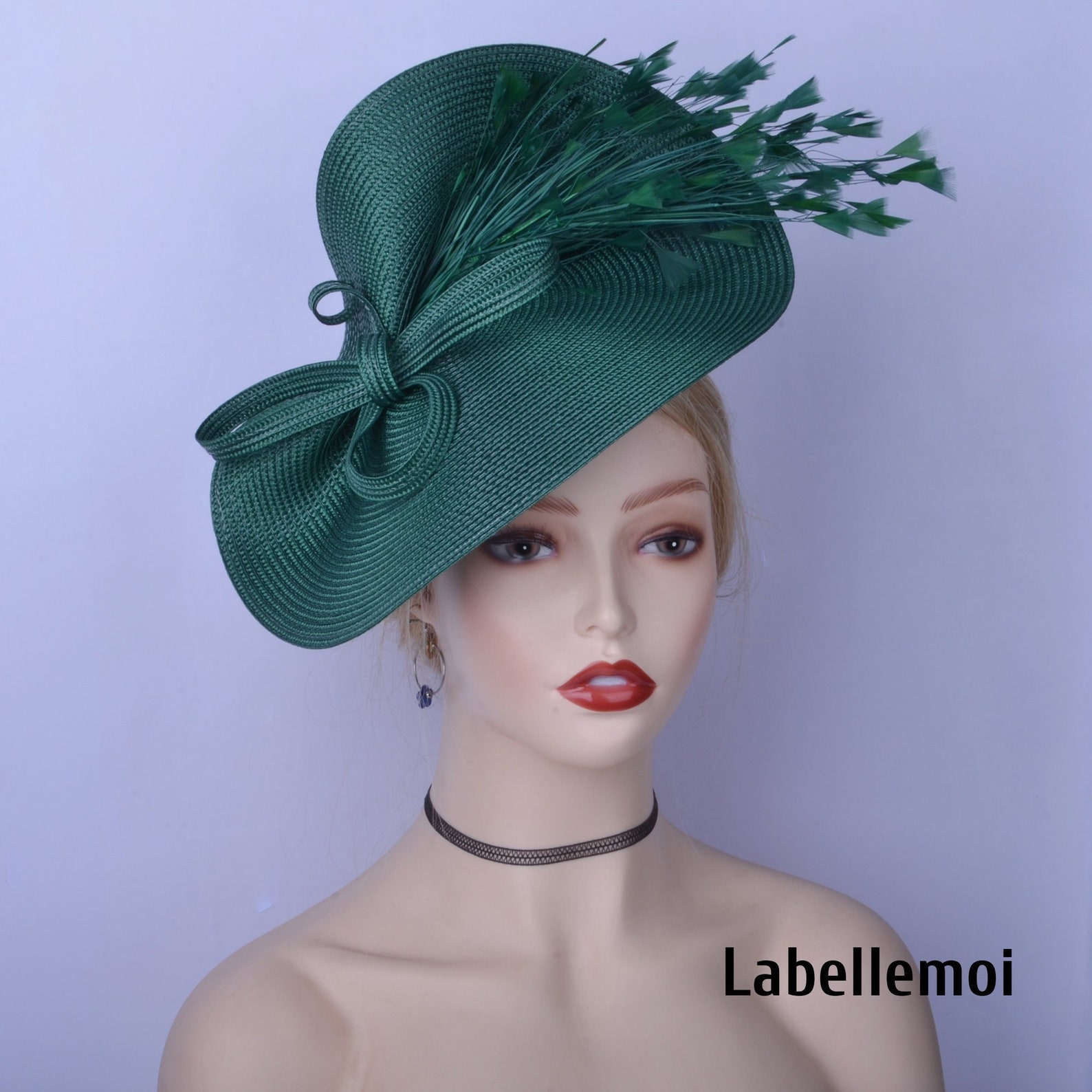 Exclusive Emerald Green Fascinator With Feathers Big Hatinator Church Hat Derby Ascot Hat