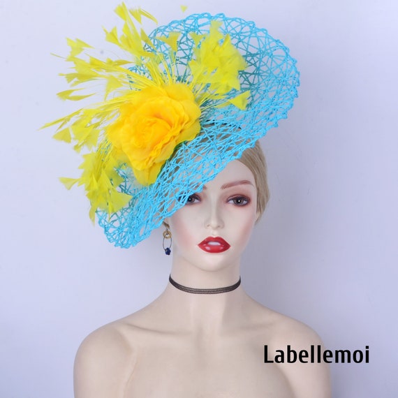 Blue & Yellow Fascinator Hat: Kentucky Derby, Ascot Races - Etsy display picture 2