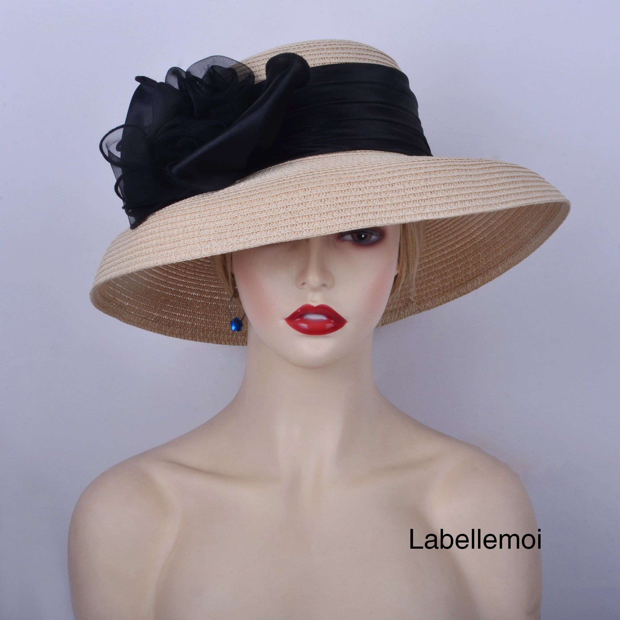 NEW Retro Design BLACK Church Hat Derby Hat Royal Wedding Fascinator Ascot Hat Straw Hat Summer Beach Hat W satin Loops organza Flower Etsy