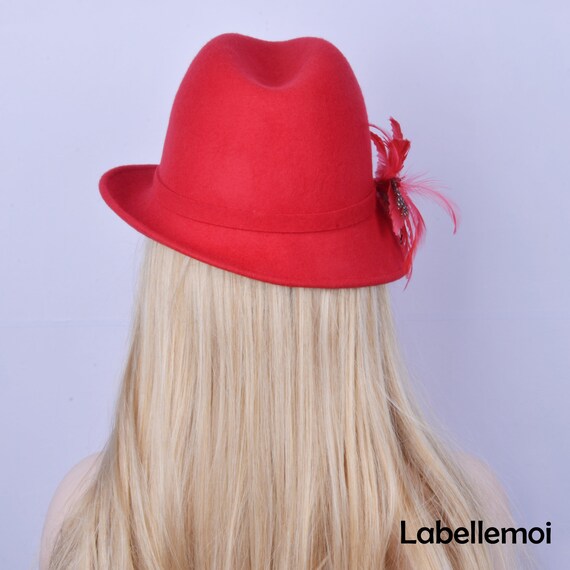 Red Wool Felt Hat, Feather Flower Derby Hat, Wedding Church  display picture 1