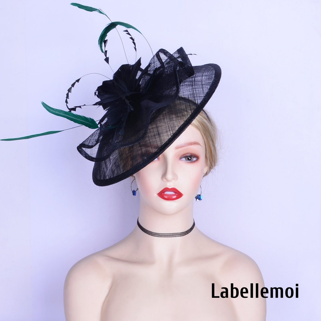 Black Sinamay Fascinator Hat with Lime Green and Yellow Floral Accents New Lime Green Sinamay Teardrop Fascinator With Mesh Flower  main image 4