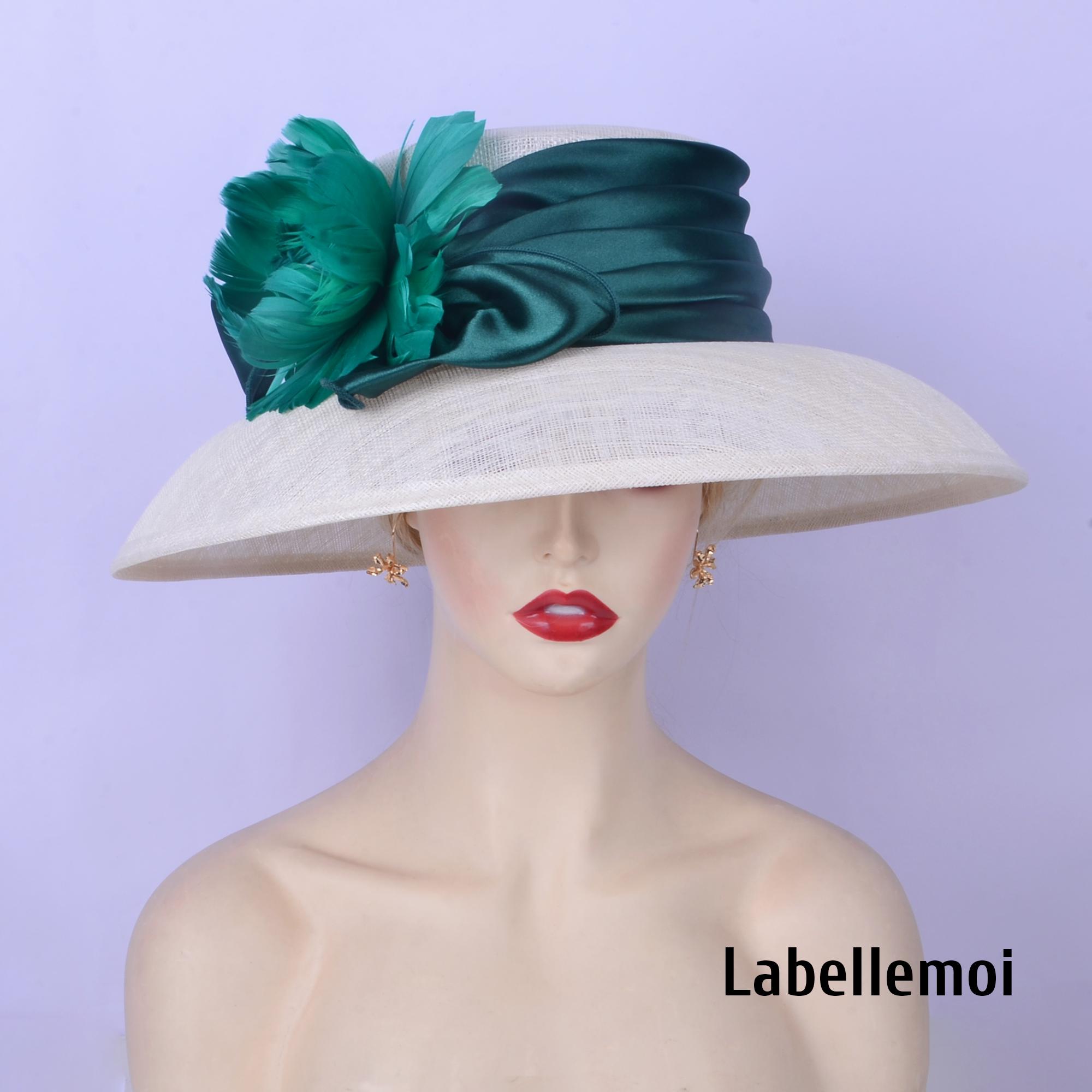 Cream and  dark Green Wide-Brimmed Sun Hat with Decorative Pom-Pom handwoven Mother main image 3
