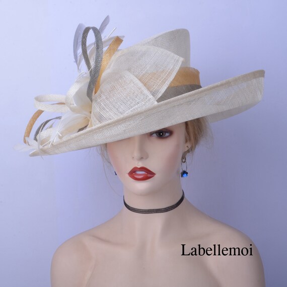 Ivory Sinamay Kentucky Derby Hat, Feather Flower Ascot Hat  display picture 3