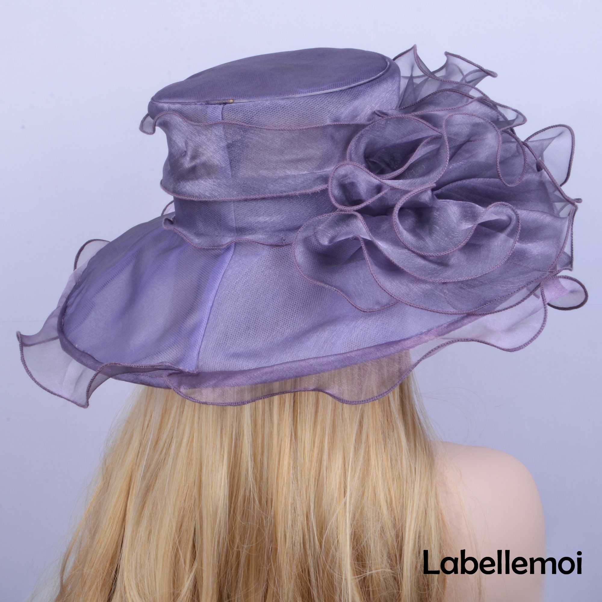 Kentucky Derby Hat Fascinator Lavender Purple Organza w Cream Floral Feather Wow kentucky derby hat fascinator blue and pink feather flowers  main image 3