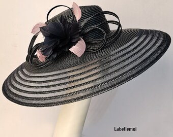 Extra Large Kentucky Derby Hat, Black Pink Feather Flower  display picture 3