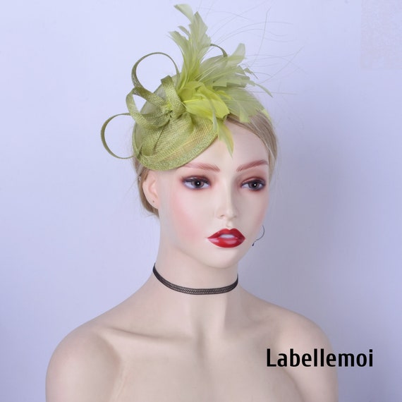Olive Green Sinamay Fascinator, Feather Kentucky Derby Hat