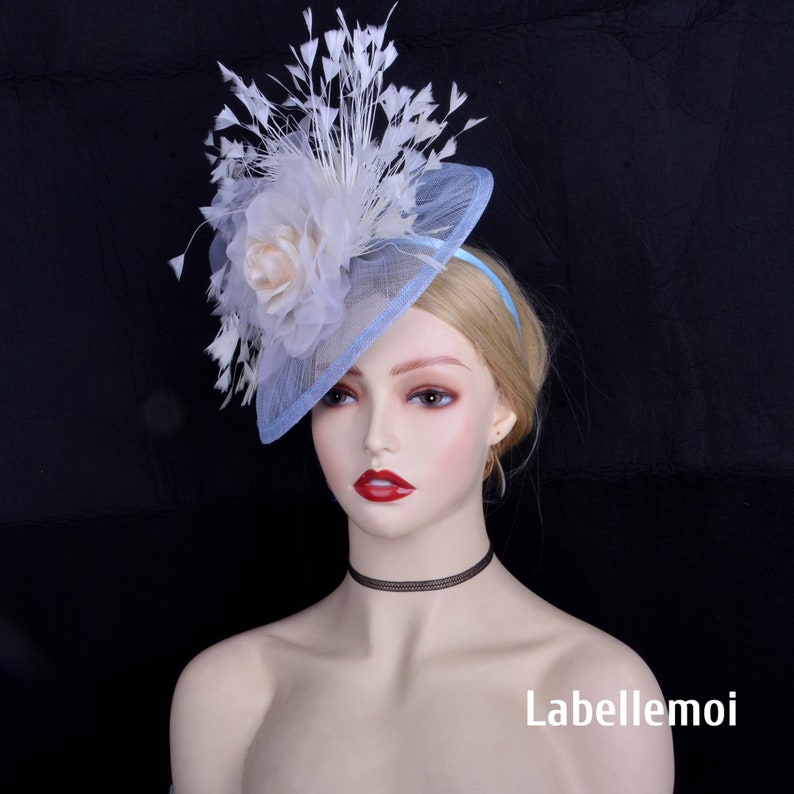 New Baby blue/ivory fascinator hat Powder blue sinamay base hatinator Kentucky Derby hat Wedding Church Mother of the bride Bridal hats image 4
