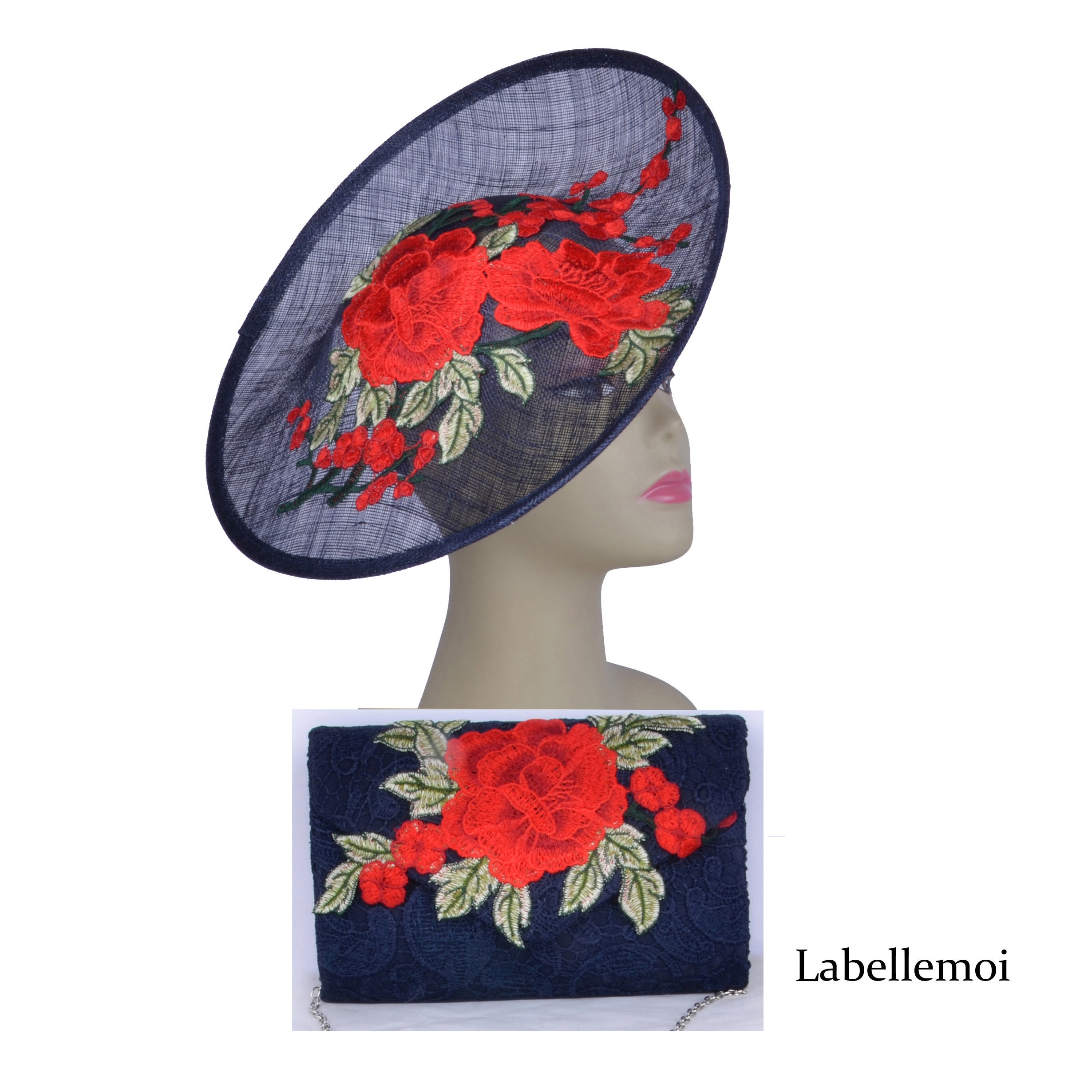 Chinoiserie Navy Blue/Red Saucer Sinamay Hatinator Derby Hat Ascot Lace Hat Wedding Fascinator w/Big Flower of peony\u0026plum Blossom Embroidery