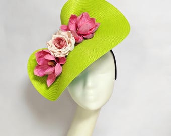 Lime green Saucer Hatinator, Pink flowers,Derby Wedding Party Headband