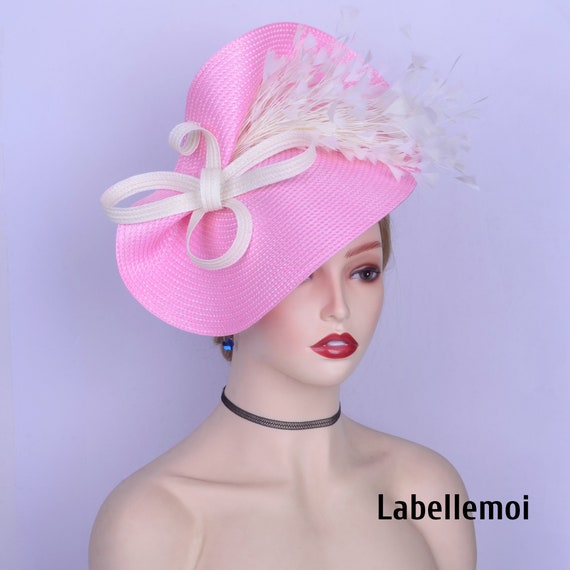 Pink Straw Fascinator Hat With Bow and Feathers for Weddings  display picture 1